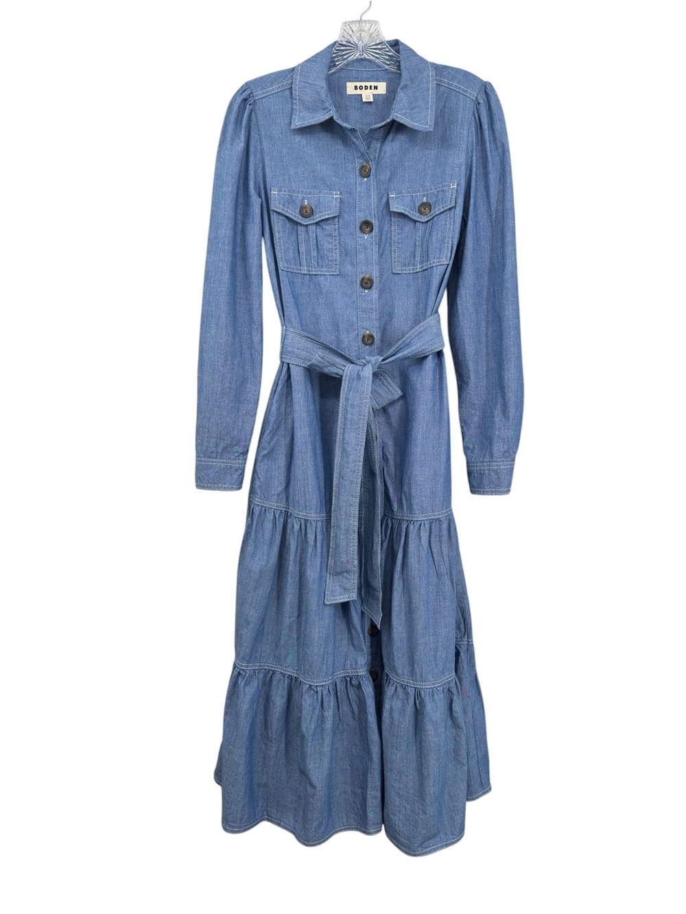 Boden Lily Chambray Tiered Long-Sleeve Cotton Shirt Dress Tie Belt Size 6R